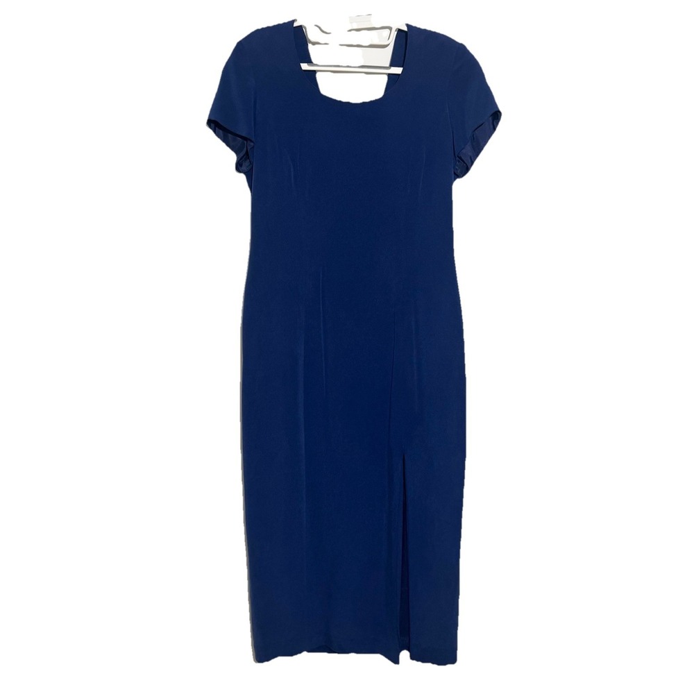 Adrianna Papell Size 8‎ Petite 100% Silk Blue Midi Sheath Dress Slit Elegant